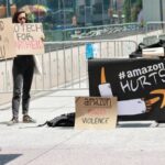 Protesters outside the 2022 AWS Summit in New York City