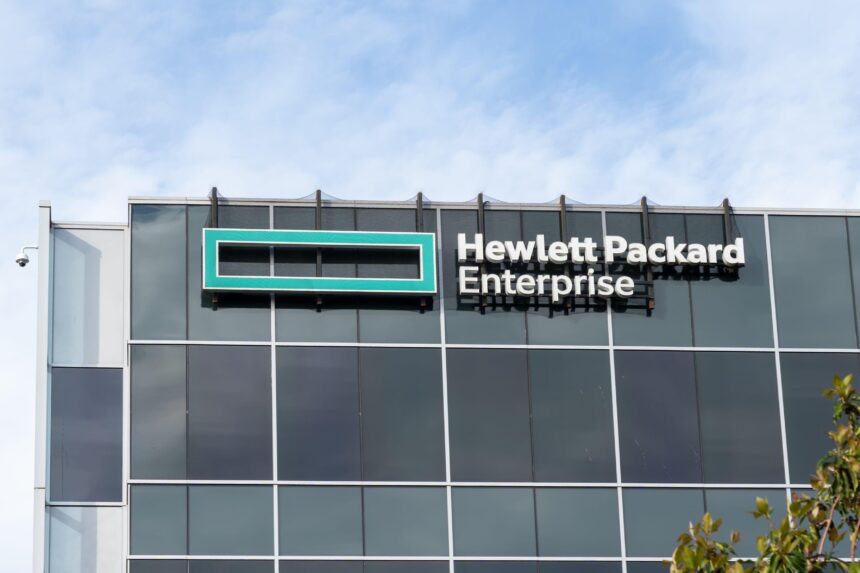 Hewlett Packard Enterprise logo and sign at the company