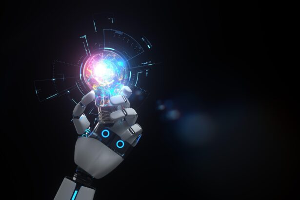 robot hand holds glowing lightbulb