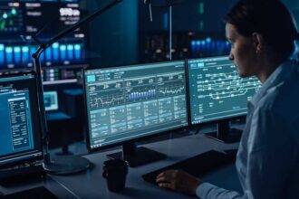 Female Software Engineer Working in a Modern Monitoring Office with Live Analysis Feed with Charts on a Big Digital Screen. Monitoring Room Big Data Scientists and Managers Sit in Front of Computers.