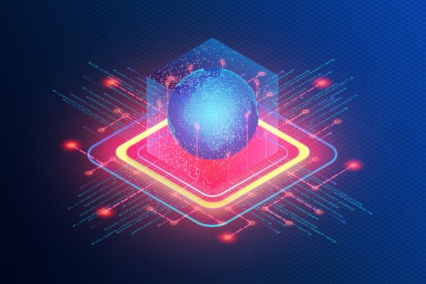 3D illustration of distributed edge computing with globe in square