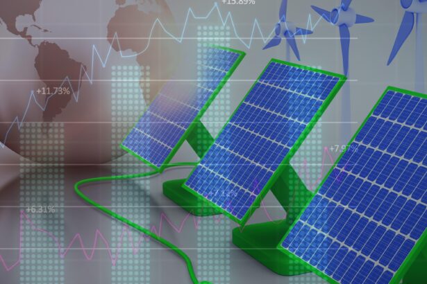 Financial data processing over solar panel and windmill against globe in background