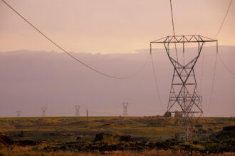 Transmission lines and tower at Quincy Lake, Washington