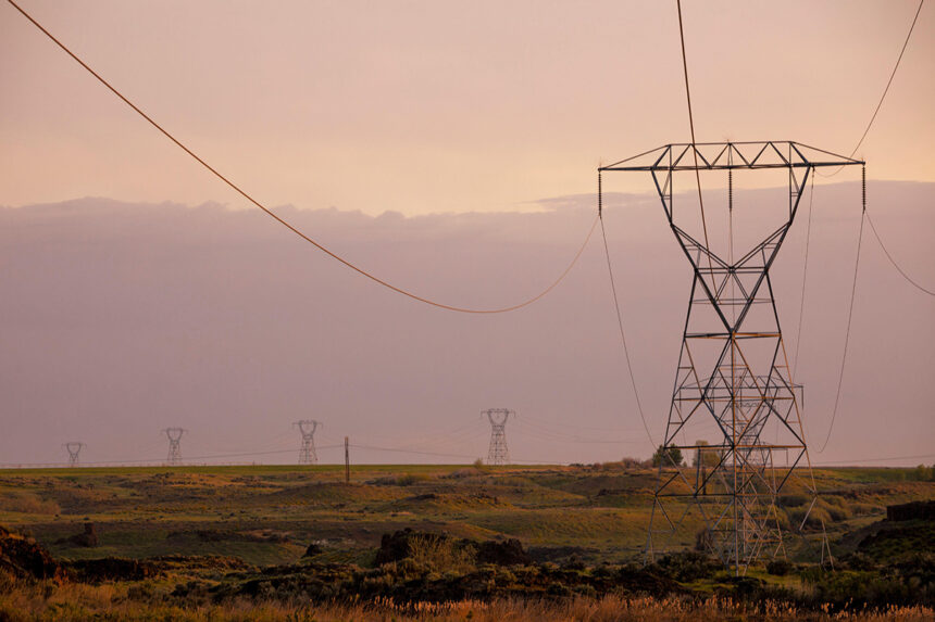 Transmission lines and tower at Quincy Lake, Washington