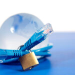 Network cable with lock around a earth with blue background