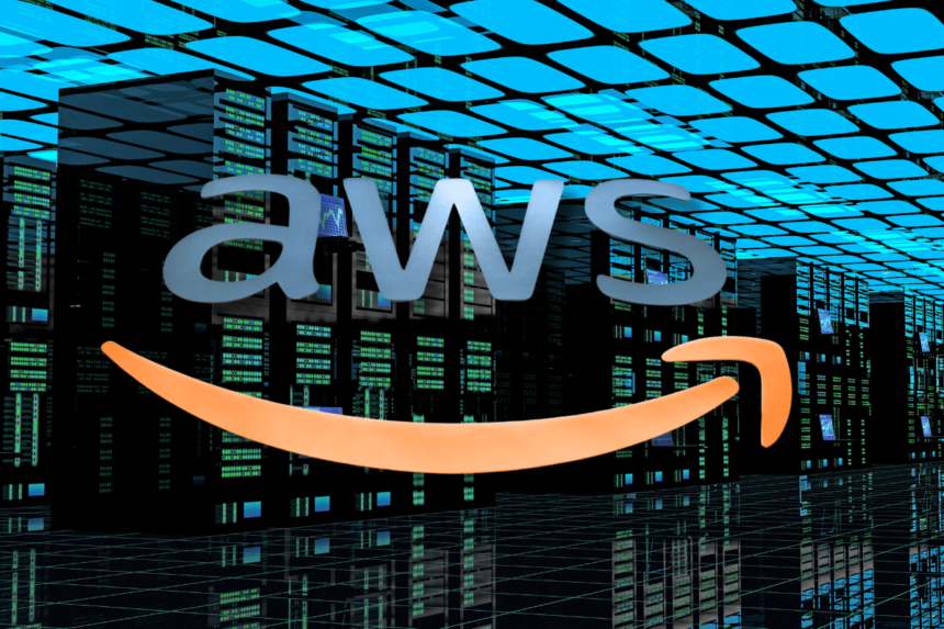 Amazon to 'invest $150bn in data centers' for AI growth. An image of a modern, expansive data center with Amazon Web Services (AWS) branding and the Amazon smile logo, suggesting a focus on high-tech infrastructure and cloud computing capabilities.