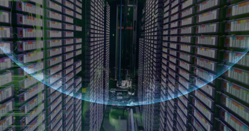 Image of a globe inside a data center server room