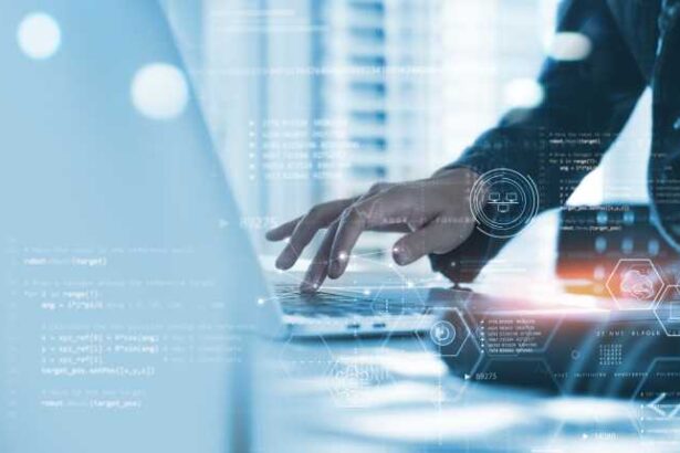 Data science, digital technology concept. Computer science engineer programming on laptop at office, data exchange, system control and data management with Ai, Business and Artificial intelligence