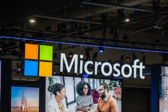 Microsoft logo during the Mobile World Congress 2022