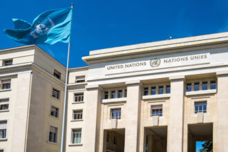 United nations building with flag