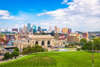 distant view of office and commercial real estate buildings in downtown Kansas City