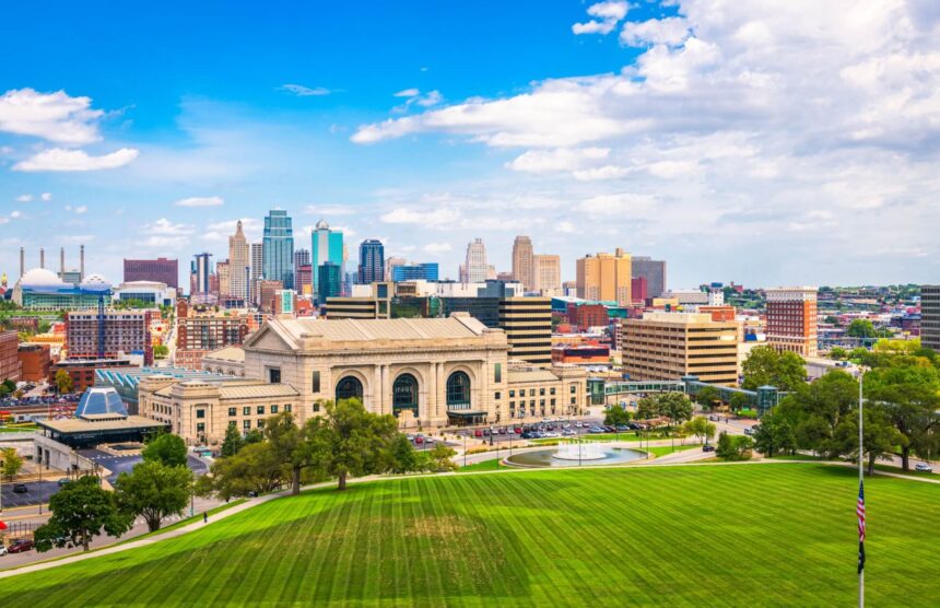 distant view of office and commercial real estate buildings in downtown Kansas City