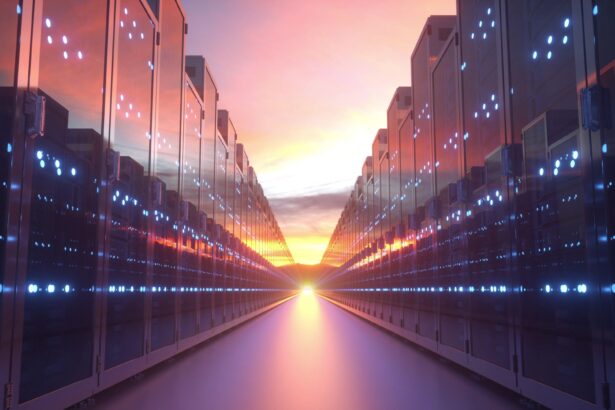 sunrise on the horizon with rows of servers