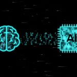 A digital human brain and an AI chip between which rays of information and binary code numbers move on a black background