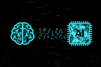 A digital human brain and an AI chip between which rays of information and binary code numbers move on a black background