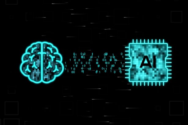 A digital human brain and an AI chip between which rays of information and binary code numbers move on a black background