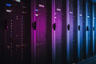 darkly lit cloud server room