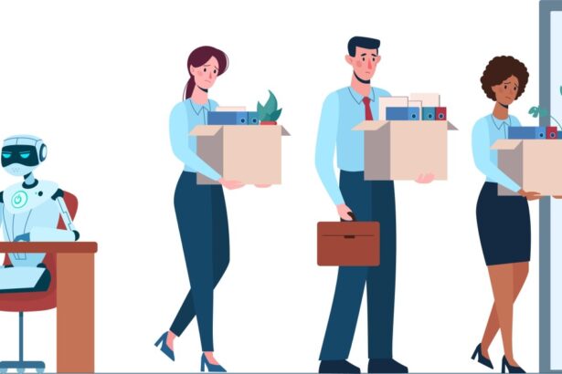 robot sitting at desk while human workers are fired