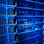 server rack cluster in a data center in blue light