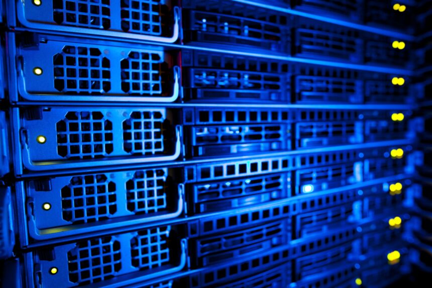 server rack cluster in a data center in blue light