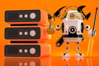 robot with tools next to a server stack