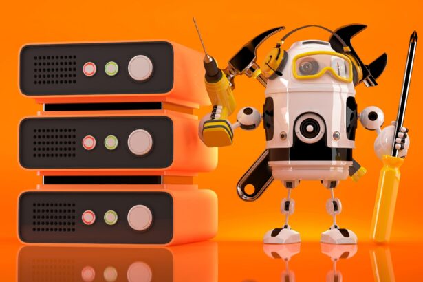 robot with tools next to a server stack