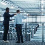 Two male colleagues in data center looking at servers