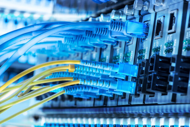 Fiber network switch with some yellow optical network cables