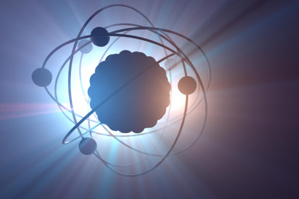 3D illustration of nuclear power atomic model