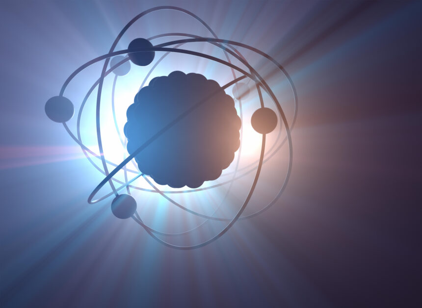 3D illustration of nuclear power atomic model