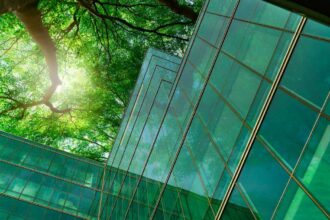 Eco-friendly building in the modern city. Green tree branches with leaves and sustainable glass building for reducing heat and carbon dioxide. Office building with green environment. Go green concept. Sustainable, sustainability