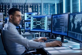 System Security Specialist Working at System Control Center. Room is Full of Screens Displaying Various Information.