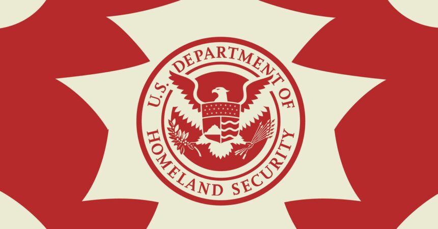 Illustration of the seal for the US Department of Homeland Security on a red and tan background.