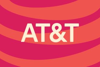 AT&amp;T logo with an illustrated red and orange background.