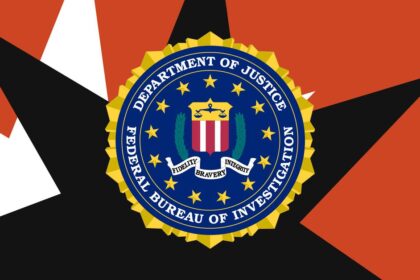 The FBI symbol atop a red, black and white background made of seven pointed stars.