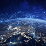 Communication technology with global internet network connected in Europe. Telecommunication and data transfer european connection links. IoT, finance, business, blockchain, security.