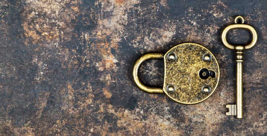 A rusty lock and key.