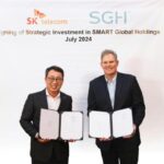 The image shows SK Telecom CEO Yoo Young-sang left and Smart Global Holdings CEO Mark Adams right signing a 200 million investment agreement in Los Altos California marking their collaboration in AI infrastructure solutions Courtesy of SKT