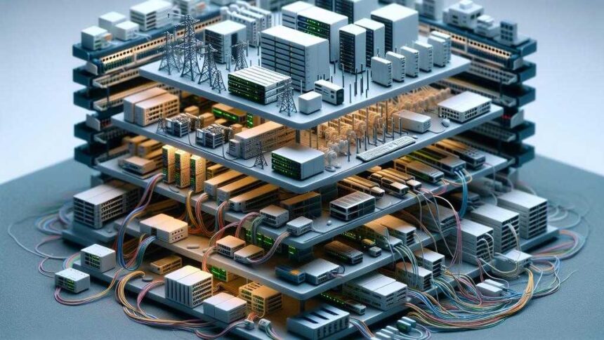 AI image showing layers of a telecommunications or other network OSI