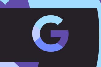 Image of the Google “G” logo on a blue, black, and purple background.