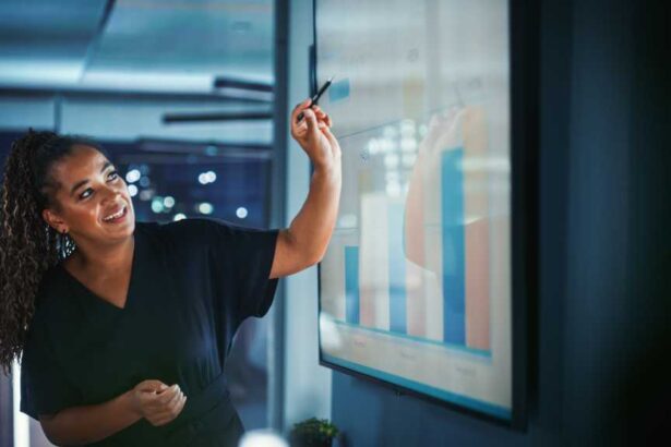 Company Operations Director Holds Sales Meeting Presentation for Employees and Executives. Creative Black Female Uses TV Screen with Growth Analysis, Charts, Ad Revenue. Work in Business Office.
