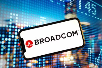 Konskie, Poland - January 03, 2024: Broadcom Inc company logo displayed on mobile phone screen