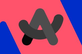 Grayscale Arc logo on pink and blue background.