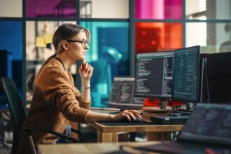 Female Software Engineer Writes Code on Desktop Computer With Two Monitors and Laptop Aside In Stylish Office. Caucasian Woman Working On Artificial Intelligence Service For Big Tech Company.