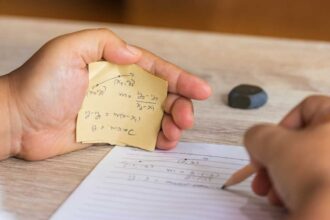 Man using formula math sheet to cheat on test. Hand of university student holding pencil doing math question in examination and cheating with answer piece of paper in hand.