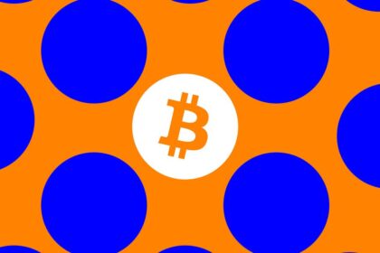 Illustration of the Bitcoin symbol on a blue and orange polka dot background.