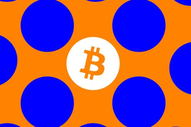 Illustration of the Bitcoin symbol on a blue and orange polka dot background.