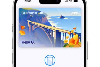 A California driver’s license in Apple Wallet on an iPhone.