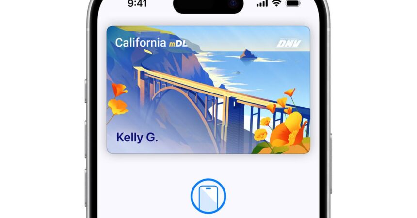 A California driver’s license in Apple Wallet on an iPhone.