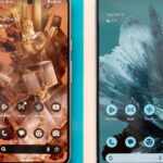 Google Pixel 8 and Pixel 8 Pro on pink and blue backgrounds showing home screens with mineral wallpaper